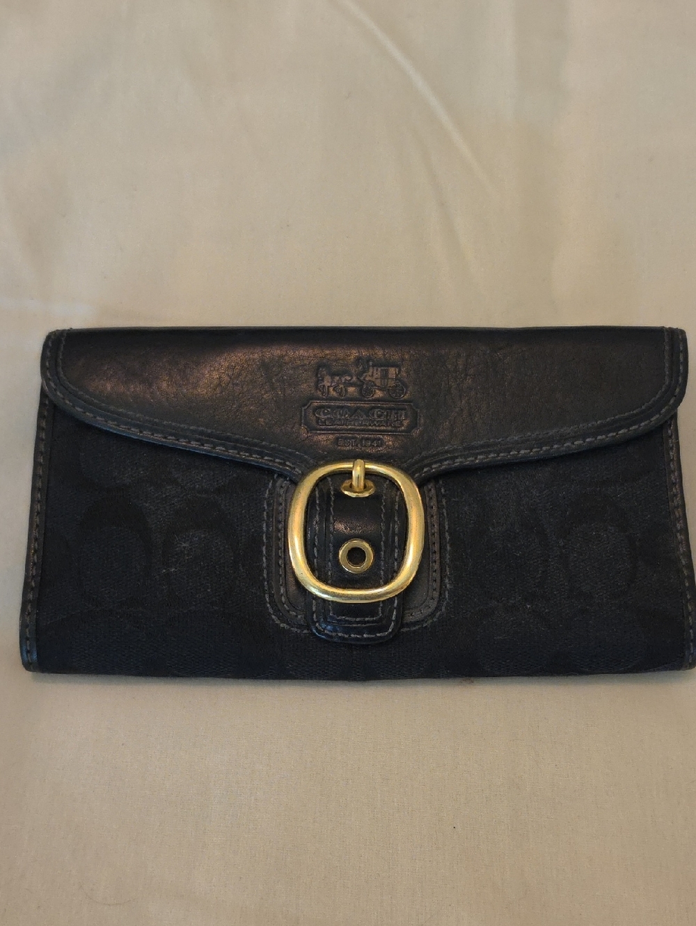 Coach Black Signature Buckle Continental Wallet with Gold Accent